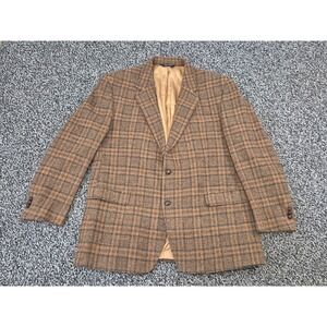 Harris Tweed Jos A‎ Bank 48L Sports Jacket Blazer 100% Wool Brown Plaid 2 Button